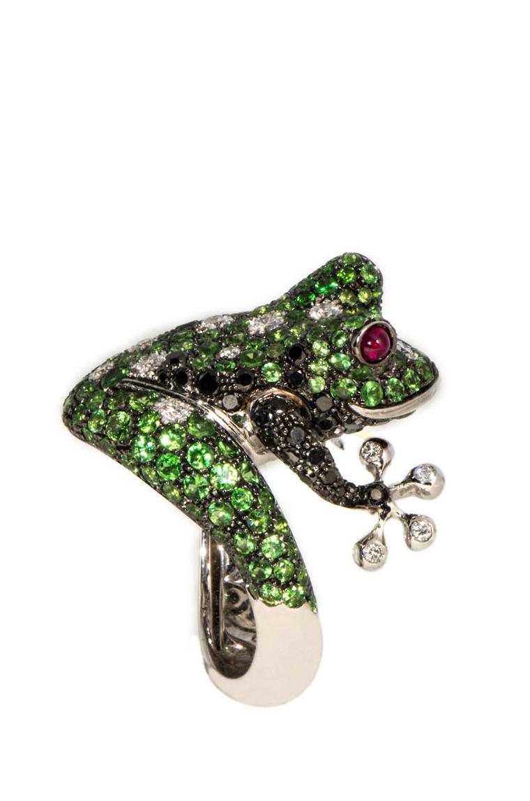 Gismondi Frog ring with diamonds, rubies and tzavorites.